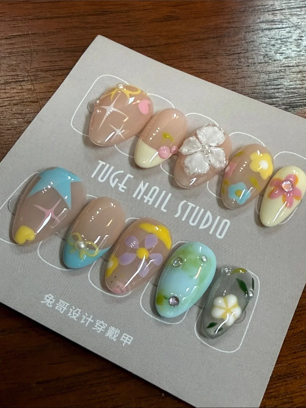 3D Handmade Floral Press-On Nails - Pastel Mix stars bows